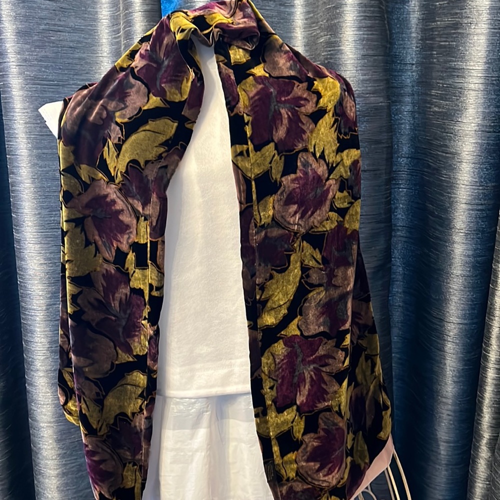 Purple, gold, olive velvety scarf.